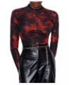 Women's Star Mesh See Through Mock Neck Long Sleeve Tops Tee T-Shirt Black and Red $12.42 T-Shirts