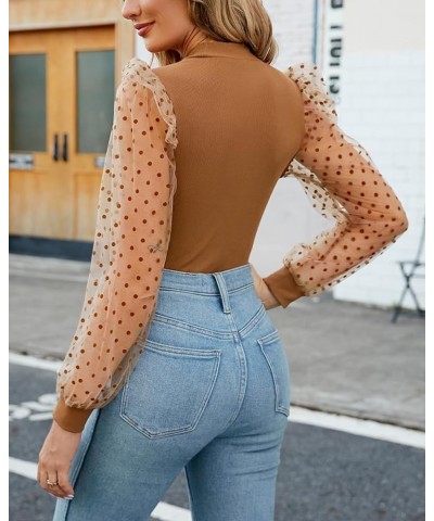 Women's Mock Turtle Neck Polka Dot Sheer Mesh Puff Long Sleeve Bodysuit Blouses Tops Shirts Brown $10.25 Bodysuits