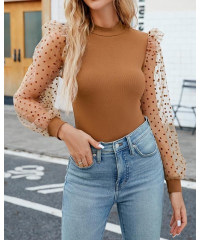 Women's Mock Turtle Neck Polka Dot Sheer Mesh Puff Long Sleeve Bodysuit Blouses Tops Shirts Brown $10.25 Bodysuits