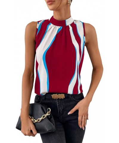 Women's Casual Mock Neck Blouse Color Block Tie Back Sleeveless Tank Tops Multicolor $8.99 Blouses