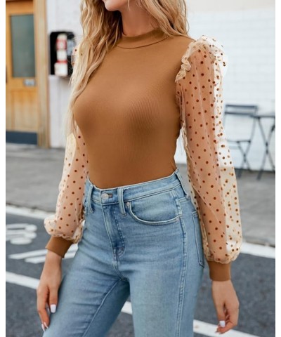 Women's Mock Turtle Neck Polka Dot Sheer Mesh Puff Long Sleeve Bodysuit Blouses Tops Shirts Brown $10.25 Bodysuits