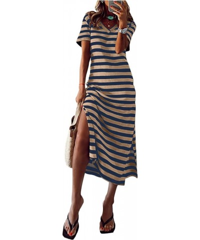 Women 2024 Casual Maxi Dress Short Sleeve V Neck Stripe Sundress Split Loose Long Summer Beach T Shirt Dresses Y-navy Brown $...