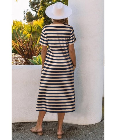 Women 2024 Casual Maxi Dress Short Sleeve V Neck Stripe Sundress Split Loose Long Summer Beach T Shirt Dresses Y-navy Brown $...