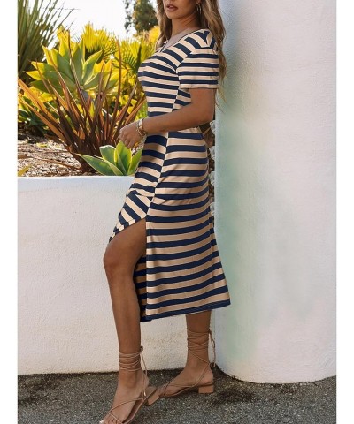 Women 2024 Casual Maxi Dress Short Sleeve V Neck Stripe Sundress Split Loose Long Summer Beach T Shirt Dresses Y-navy Brown $...