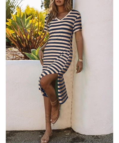 Women 2024 Casual Maxi Dress Short Sleeve V Neck Stripe Sundress Split Loose Long Summer Beach T Shirt Dresses Y-navy Brown $...