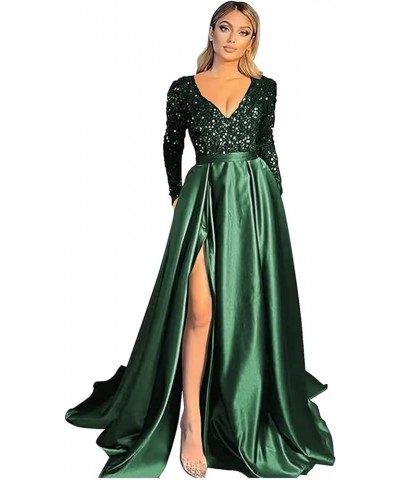 Women's Sequin Prom Dresses V Neck Long Sleeve Satin Floor Length Gown Formal Evening Dresses with Slit Emerald Green $36.00 ...