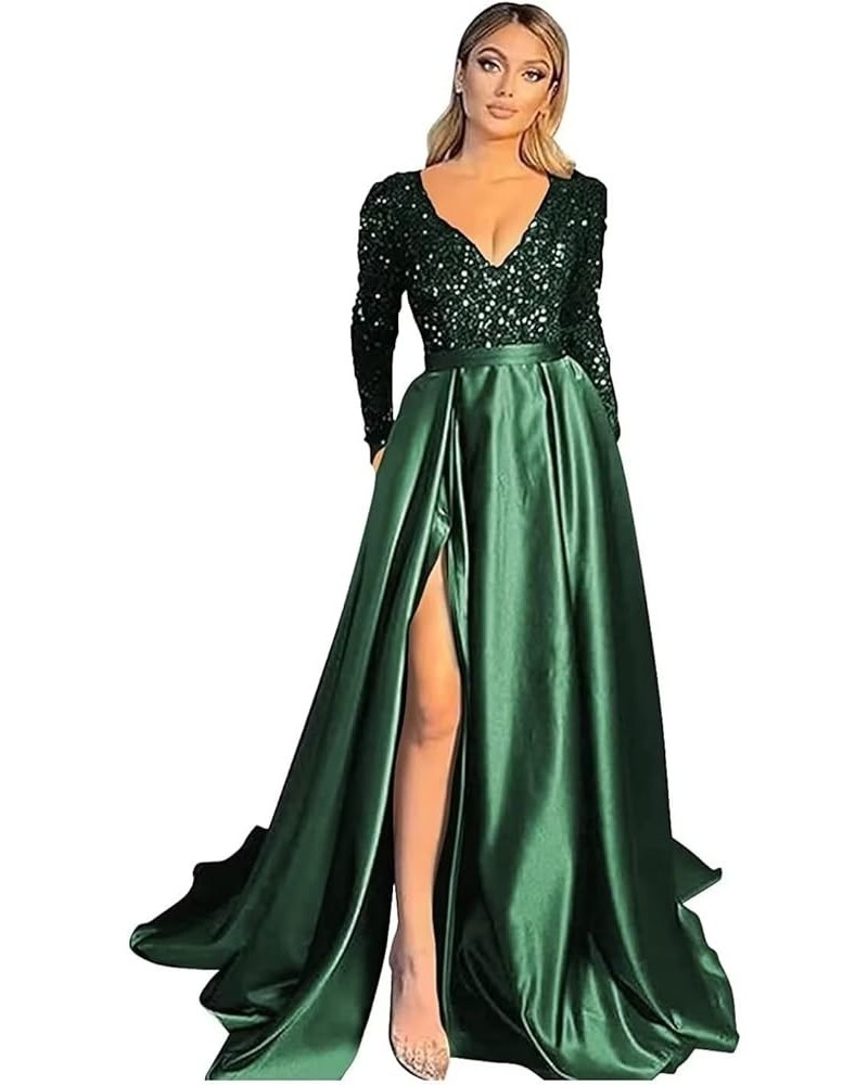 Women's Sequin Prom Dresses V Neck Long Sleeve Satin Floor Length Gown Formal Evening Dresses with Slit Emerald Green $36.00 ...