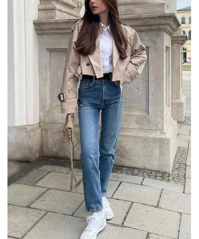 Women's Cropped Trench Coat Casual Lapel Double Breasted Short Jacket Outerwear with Belt Khaki $17.20 Coats