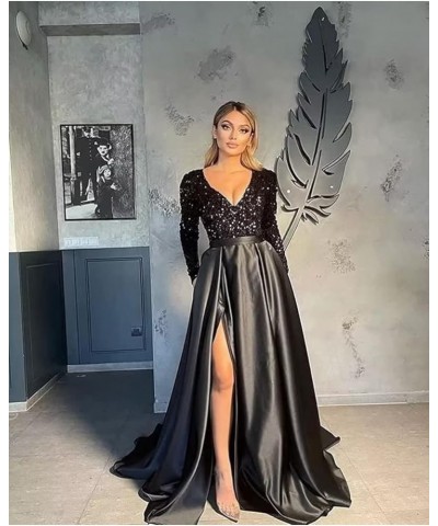 Women's Sequin Prom Dresses V Neck Long Sleeve Satin Floor Length Gown Formal Evening Dresses with Slit Emerald Green $36.00 ...