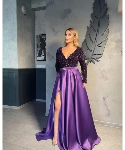 Women's Sequin Prom Dresses V Neck Long Sleeve Satin Floor Length Gown Formal Evening Dresses with Slit Emerald Green $36.00 ...