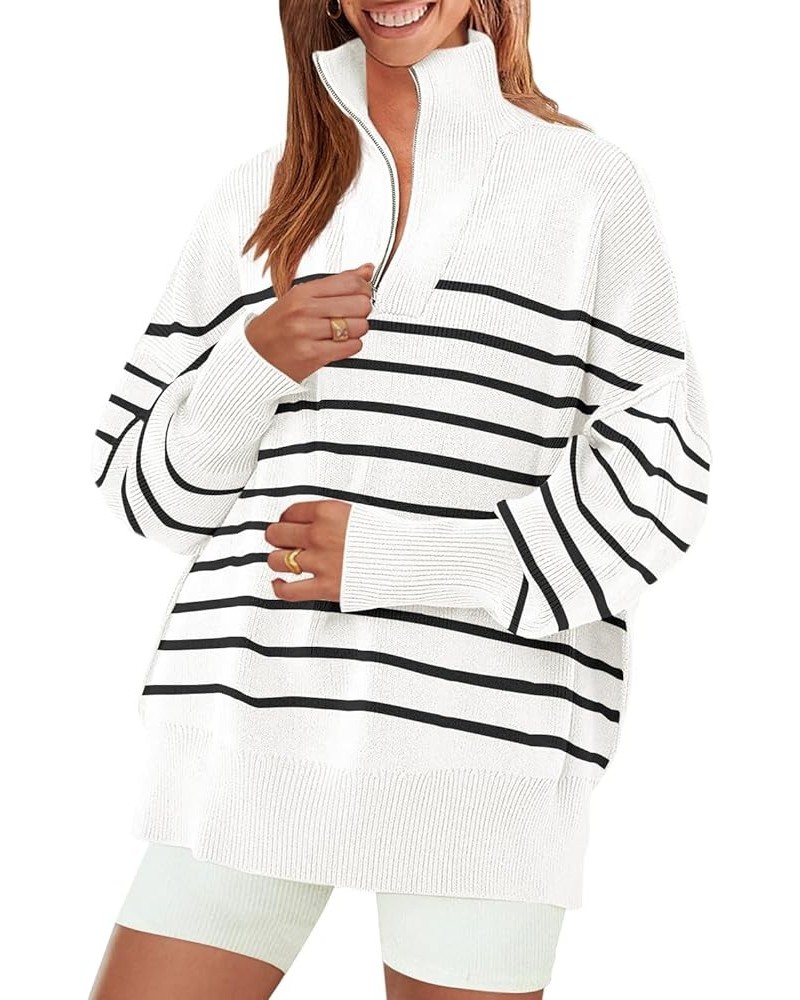 Women's Striped Sweaters Half Zipper Long Sleeve Ribbed Knit Loose Oversized Fall Pullover Sweater Tops White $23.97 Sweaters