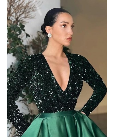 Women's Sequin Prom Dresses V Neck Long Sleeve Satin Floor Length Gown Formal Evening Dresses with Slit Emerald Green $36.00 ...