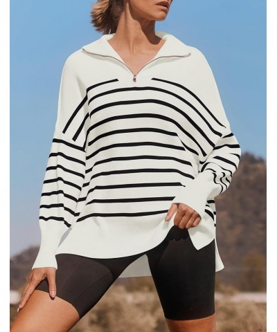 Women's Striped Sweaters Half Zipper Long Sleeve Ribbed Knit Loose Oversized Fall Pullover Sweater Tops White $23.97 Sweaters