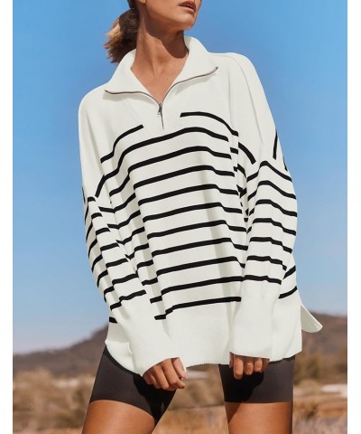 Women's Striped Sweaters Half Zipper Long Sleeve Ribbed Knit Loose Oversized Fall Pullover Sweater Tops White $23.97 Sweaters