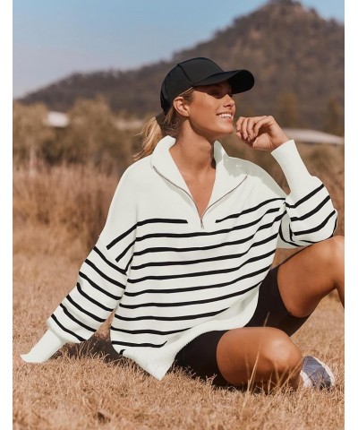 Women's Striped Sweaters Half Zipper Long Sleeve Ribbed Knit Loose Oversized Fall Pullover Sweater Tops White $23.97 Sweaters