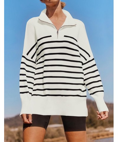 Women's Striped Sweaters Half Zipper Long Sleeve Ribbed Knit Loose Oversized Fall Pullover Sweater Tops White $23.97 Sweaters