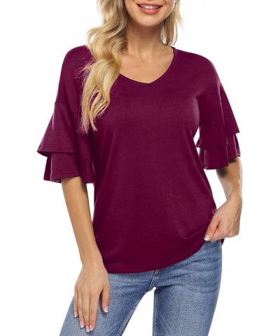 Women's Tops Blouse Casual V Neck Ruffle Bell Sleeve Blouse Summer Loose Shirt Solid Tops Fuchsia $13.44 Blouses