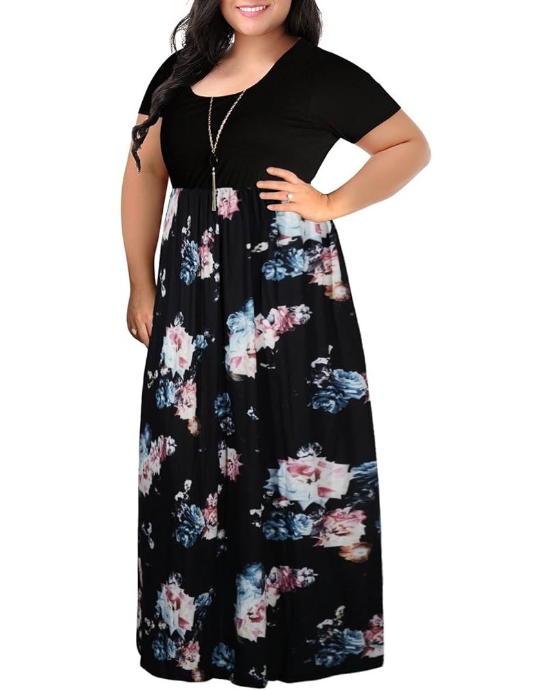 Women's Chevron Print Summer Short Sleeve Plus Size Casual Maxi Dress Black Rose $17.94 Dresses