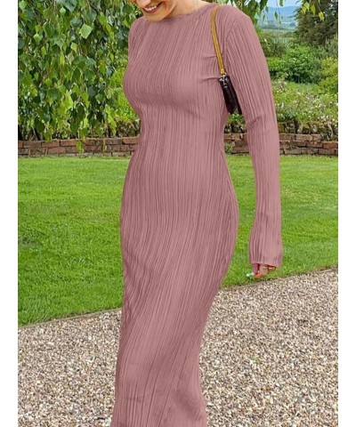 Women's Long Sleeve Loose Dress Pleated Crew Neck Slim Bodycon Plain Casual Maxi Dresses Cocktail Party Clubwear Pink $22.44 ...