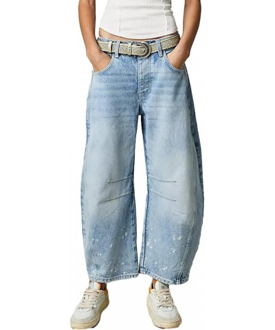 Women Baggy Jeans Wide Leg Mid Rise Barrel Jeans Y2k Curved Loose Crop Denim Pants with Pockets Ce Light Blue $25.33 Jeans