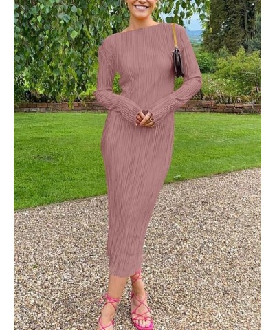 Women's Long Sleeve Loose Dress Pleated Crew Neck Slim Bodycon Plain Casual Maxi Dresses Cocktail Party Clubwear Pink $22.44 ...