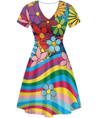 Summer Dress Women Beach V-Neck Sundresses Girls Skirts Casual Short Sleeve Novelty Swing Midi Dress Rainbow Floral $15.51 Dr...