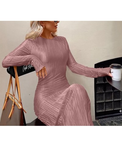 Women's Long Sleeve Loose Dress Pleated Crew Neck Slim Bodycon Plain Casual Maxi Dresses Cocktail Party Clubwear Pink $22.44 ...