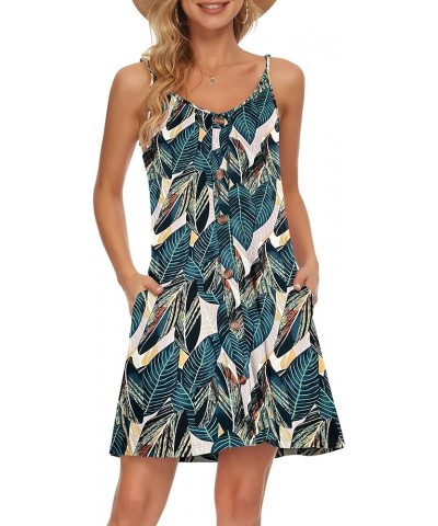 Women Summer Spaghetti Strap Button Down V Neck Sleeveless Causal Beach Cover Up Dress with Pockets Leaf Print $13.96 Swimsuits