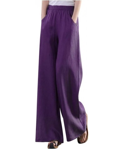 Women's Cotton Linen Pants Summer Casual Wide Leg Trousers Elastic Waist Drawstring Loose Lounge Pants with Pocket C07 Purple...