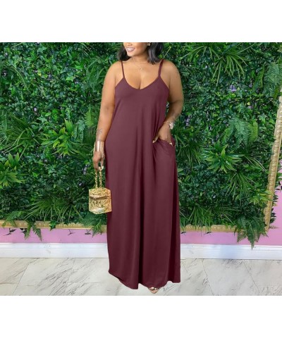 Maxi Dresse for Women Summer Casual Plus Size Sleeveless Spaghetti Strap Long Slip Dresse Sundresses with Pockets 2023 Brown ...