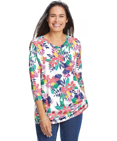 Women's Plus Size Perfect Printed Three-Quarter Sleeve V-Neck Tee Shirt White Multi Pretty Tropicana $17.06 Others