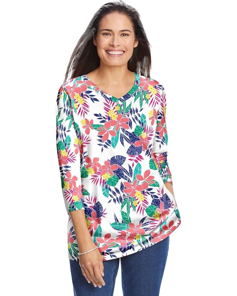 Women's Plus Size Perfect Printed Three-Quarter Sleeve V-Neck Tee Shirt White Multi Pretty Tropicana $17.06 Others