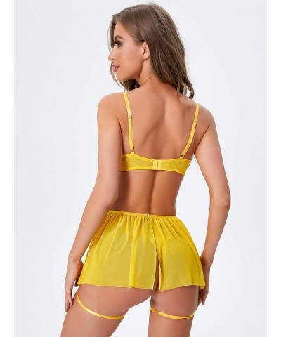 Women's Floral Embroidery Mesh Split Cut Out Babydoll Lingerie Slip Dress Yellow $14.88 Lingerie