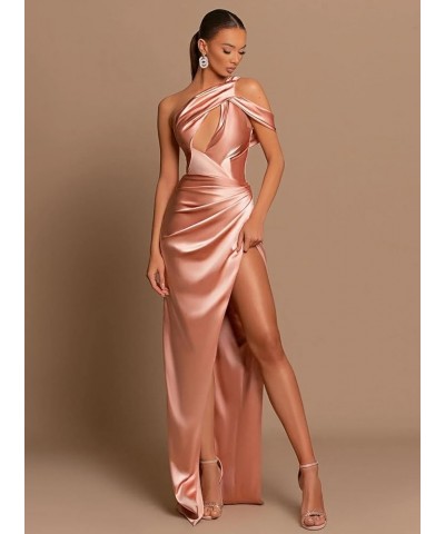 Women's One Shoulder Prom Dresses with Slit Ruched Satin Mermaid Evening Formal Gowns Blush Pink $30.55 Dresses