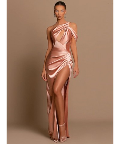 Women's One Shoulder Prom Dresses with Slit Ruched Satin Mermaid Evening Formal Gowns Blush Pink $30.55 Dresses