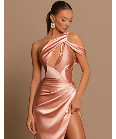 Women's One Shoulder Prom Dresses with Slit Ruched Satin Mermaid Evening Formal Gowns Blush Pink $30.55 Dresses