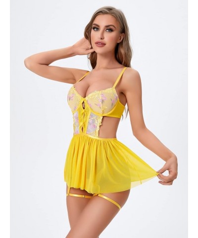 Women's Floral Embroidery Mesh Split Cut Out Babydoll Lingerie Slip Dress Yellow $14.88 Lingerie