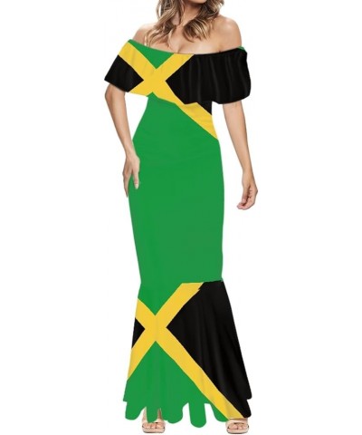 Womens Polynesia Partten Off The Shoulder Dresses Ruffle Trim Short Sleeve Floor Length Maxi Dress Green Jamaica $20.99 Dresses