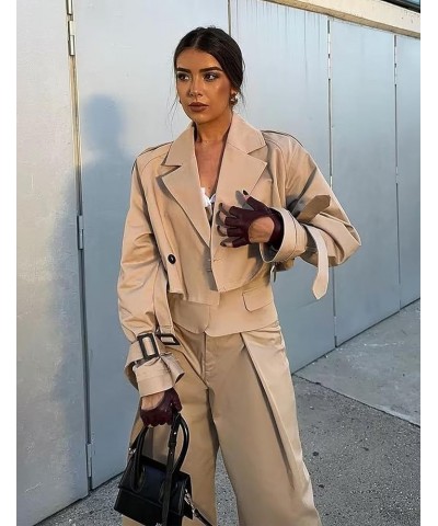 Women's Cropped Trench Coat Casual Lapel Double Breasted Short Jacket Outerwear with Belt Khaki $17.20 Coats