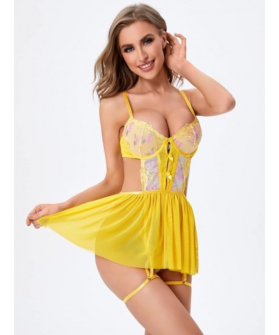 Women's Floral Embroidery Mesh Split Cut Out Babydoll Lingerie Slip Dress Yellow $14.88 Lingerie