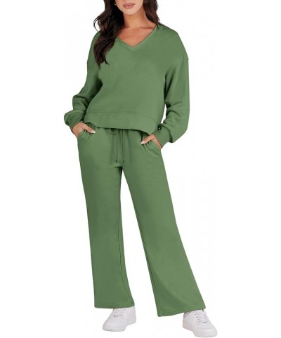 Women's Two Piece Outfits Matching Sets Long Sleeve Pullover Tops and Wide Leg Pants Tracksuit Lounge Sets Army Green $23.10 ...