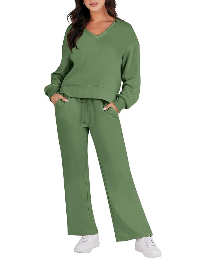 Women's Two Piece Outfits Matching Sets Long Sleeve Pullover Tops and Wide Leg Pants Tracksuit Lounge Sets Army Green $23.10 ...