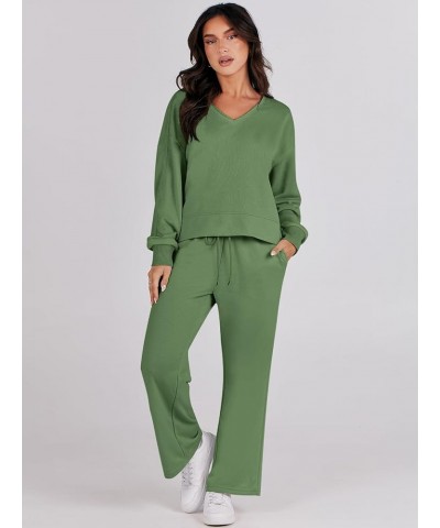 Women's Two Piece Outfits Matching Sets Long Sleeve Pullover Tops and Wide Leg Pants Tracksuit Lounge Sets Army Green $23.10 ...