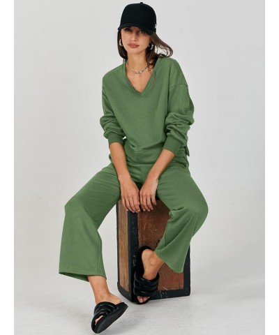 Women's Two Piece Outfits Matching Sets Long Sleeve Pullover Tops and Wide Leg Pants Tracksuit Lounge Sets Army Green $23.10 ...