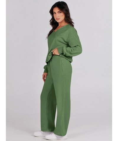 Women's Two Piece Outfits Matching Sets Long Sleeve Pullover Tops and Wide Leg Pants Tracksuit Lounge Sets Army Green $23.10 ...