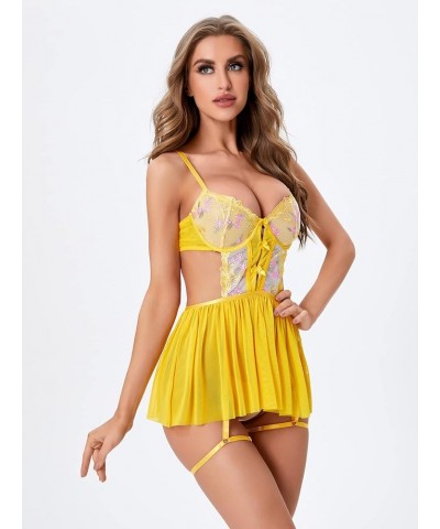 Women's Floral Embroidery Mesh Split Cut Out Babydoll Lingerie Slip Dress Yellow $14.88 Lingerie