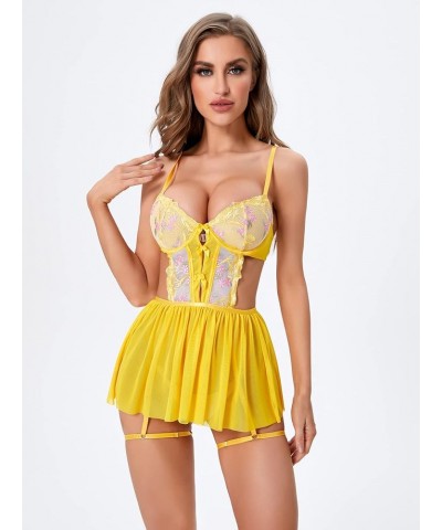 Women's Floral Embroidery Mesh Split Cut Out Babydoll Lingerie Slip Dress Yellow $14.88 Lingerie