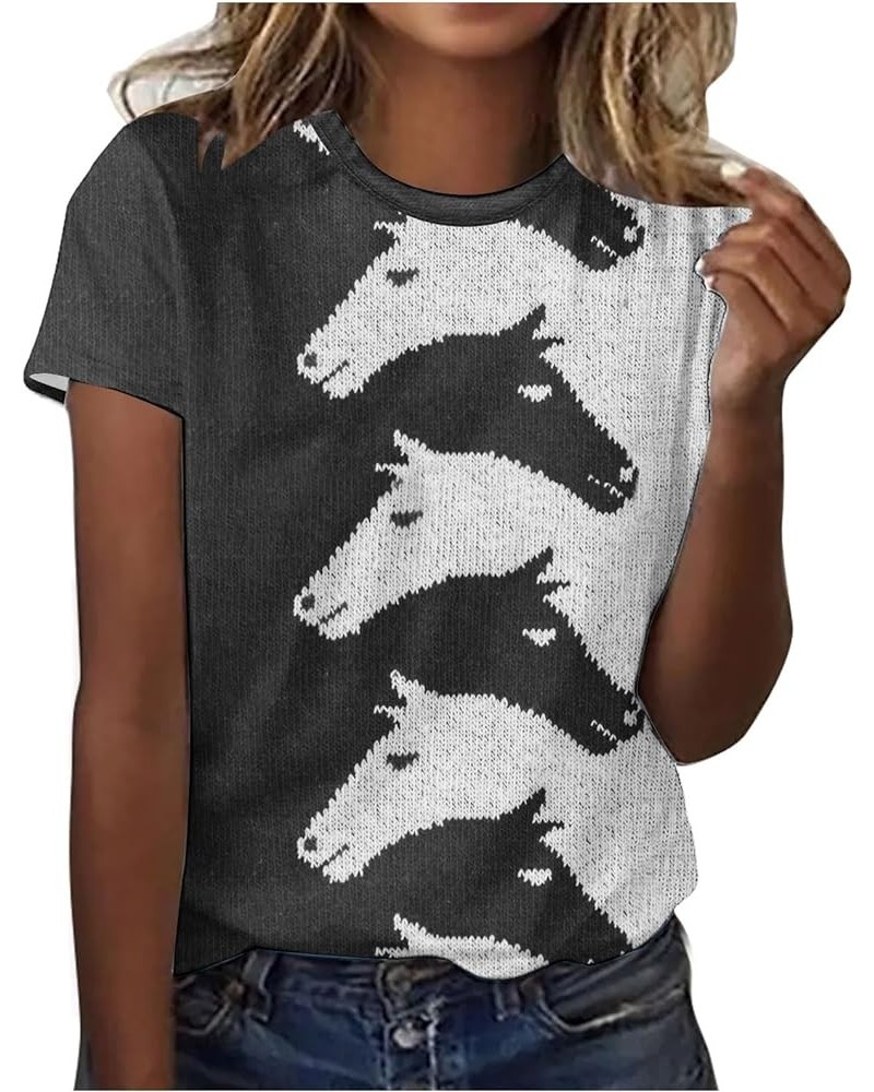 Horse Graphic Tees for Women Short Sleeve 2024 Summer Tops Trendy Crewneck Casual Blouses Workout Laides Tunic Tshirts A01_bl...