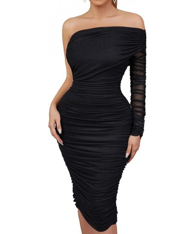 Women's Ruched One Shoulder Bodycon Dress Sexy Long Sleeve Mesh Midi Club Party Dress Black $12.75 Dresses