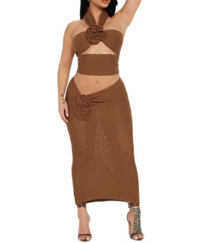 Women's Sexy Two Piece Long Skirt Set Halter Crop Tube Top and Split Maxi Skirt Summer Outfits Y2k Clubwear(Crocheted Brown,S...